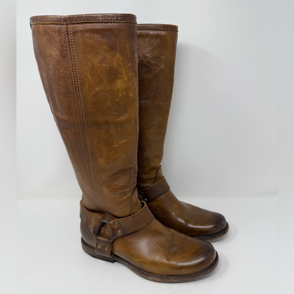 Frye Phillip Harness Tall Boots Womens 6 Cognac Brown Good Extended Calf 76850